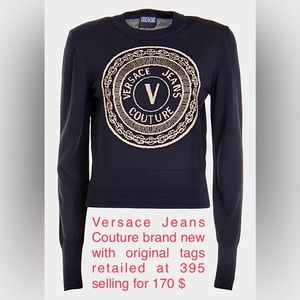 Versace Jeans Couture softest wool blend black sweater with gold emblem NWTs